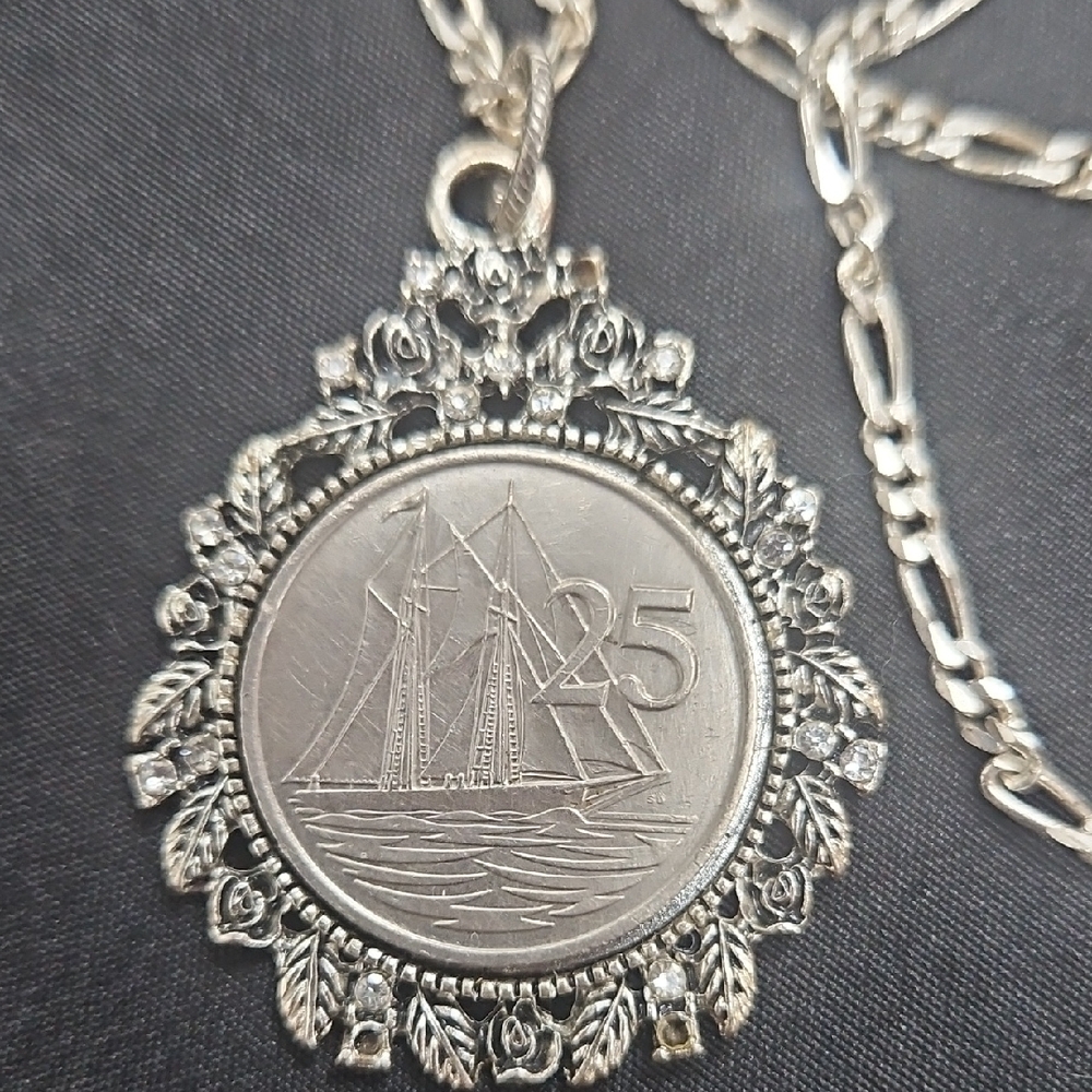 Silver Sailboat Coin Pendant Necklace for Women